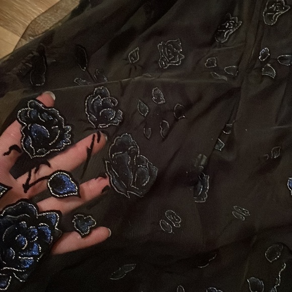 Vintage 90s Y2k black strapless prom dress blue roses goth dance 50’s retro SZ S - Picture 5 of 8